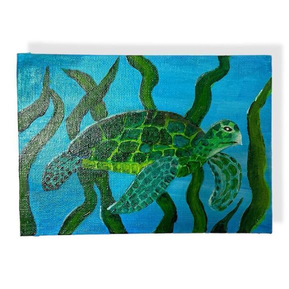 Handmade acrylic painting sea turtle seaweed 5X7 blue green - Picture 1 of 4
